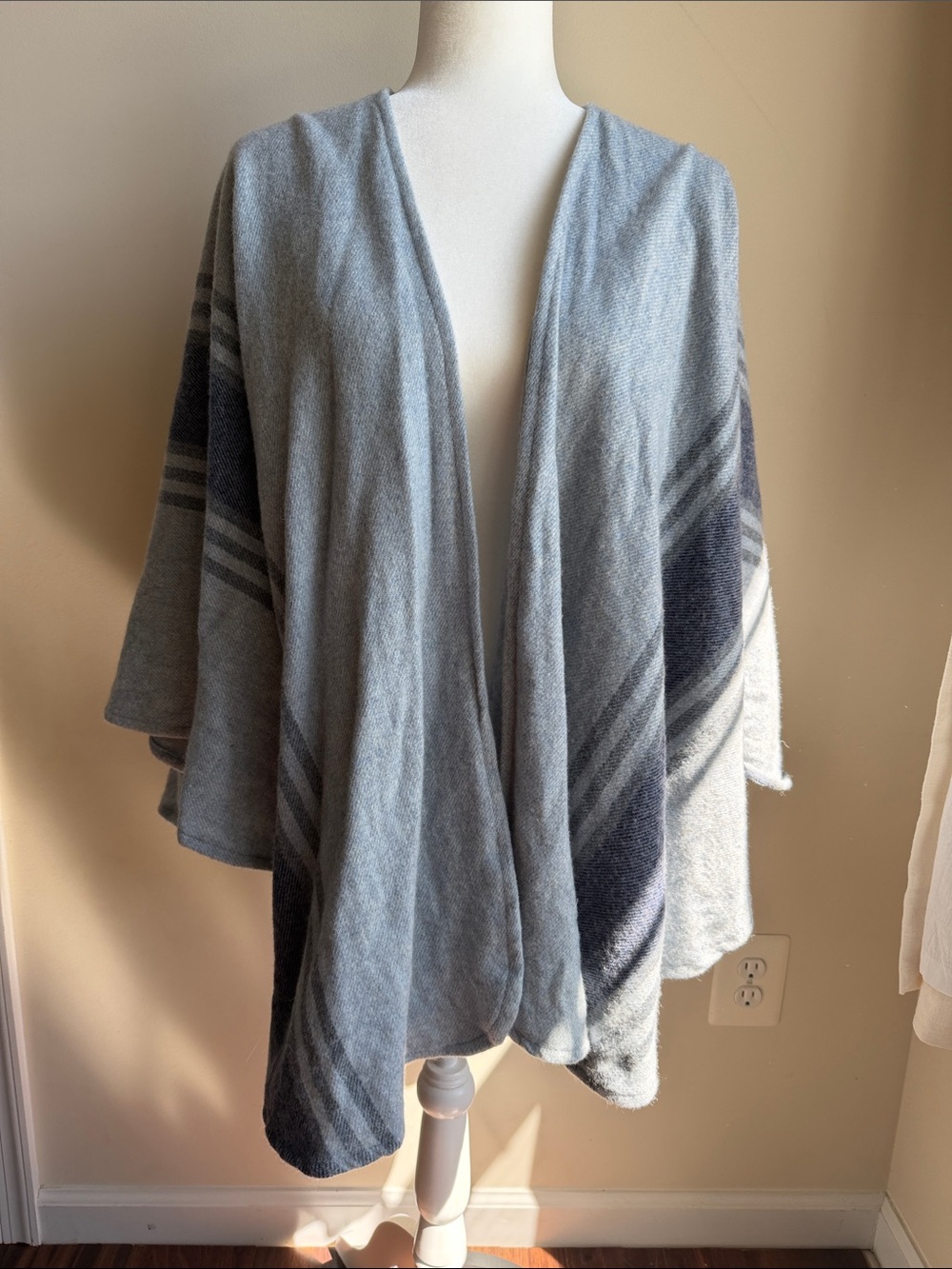 John Hanly Lambswool Woven in Ireland Blue Striped Cape Wrap Scarf